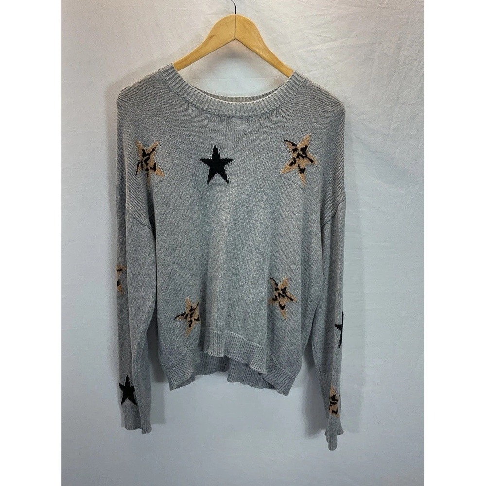 RAILS Perci‎ Sweater Animal Stars Crew Neck Cotton Cashmere Heather Gray Size MD